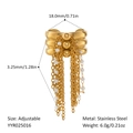 Detail of adjustable gold stainless steel ring with wave texture and pearl tassel charms - Tassel Style (YYR025016)