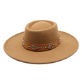 Classic camel wool fedora with flat brim and vintage studded leather band for autumn - Adult 57-59cm / Khaki