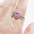 Adjustable silver ring with a pink heart-shaped zircon gemstone and textured band - Adjustable Open / White Gold