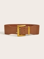 Vintage brown elastic wide waist belt for women with triple golden metal buckles - Camel