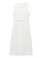 Detail of white sleeveless dress with matching buttons and cinched waist belt - S / White