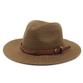 Close-up of woven straw fedora hat with brown leather band and metallic buckle detail - M (56-58cm) / Brown
