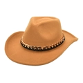Close-up of camel wool felt hat with gold metal chain and black leather band detail - Camel / M (56-58cm)