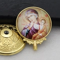 Macro detail of golden Orthodox metal icon featuring Mother Mary and Jesus with base - Gold-17 (Virgin Mary & Child Icon)