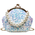 Elegant white sequin shell bag with large pearl handle and golden metal chain - White