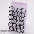Detail view of 12 pairs of 20mm black stainless steel hoop earrings on display card - 12 Pairs/Pack (Inner Diameter 20mm) / Black