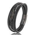 Pulsera multicapa de cuero trenzado negro para hombre con colgante de pluma y cierre magnético - 19cm / Negro