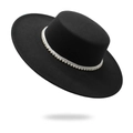 Chapeau canotier élégant en laine noire à large bord avec bande de perles chic - M (56-58cm) / Noir