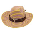 Chapeau de cowboy en paille tressé avec rayures violettes, jaunes et emblème taurin - Taille unique / Jaune Violet Avec Corde à Vent [Tête de Boeuf Marron]