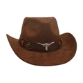 Brown faux suede cowboy hat with silver bull head ornament and metal rivets detailing - One Size / Coffee