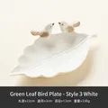 White leaf-shaped ceramic jewelry dish featuring two 3D birds and natural leaf texture - Green Leaf Bird Tray - Style 3 White
