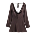 Macro shot of the draped cowl neckline and silk satin texture of this chocolate brown dress - XS / Coffee