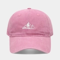 Close-up of pink washed cotton baseball cap with white mountain embroidery detail - Pink