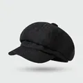 Classic black octagonal newsboy hat for women with detailed woven texture fabric - One Size / Octagonal Hat Style-Black