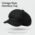 Classic black octagonal newsboy hat for women with detailed woven texture fabric - One Size / Octagonal Hat Style-Black
