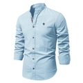 Chemise homme en coton et lin bleu clair à manches longues et col officier - XS / Bleu Ciel (Style 71)