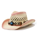 Straw cowboy hat with pink gradient brim and turquoise beaded band on white background - Adjustable / Pink Gradient