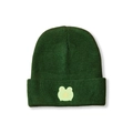 Close-up of deep green knit beanie featuring a cute cartoon frog embroidery patch - M (56-58cm) / Dark Green