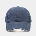 Detail of distressed navy denim baseball cap showing vintage worn texture and stitching - Adjustable / Dark Blue