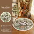 Vintage impressionist floral round rug in green velvet with non-slip backing - Diameter 80cm / Vase with Roses