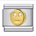 Silver Italian charm bracelet link featuring a 3D golden smiley face design - Gold Smiley Face-Y196