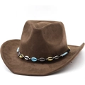 Bruine wollen vilt western cowboyhoed met een kleurrijke schelpenband op witte basis - M (56-58cm) / koffiekleur