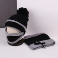 Winter set with black and grey knitted earflap hat and fleece lined drawstring scarf - Black and Grey Patchwork Drawstring Knit Hat and Scarf Set