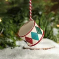 Vintage metal Christmas drum ornament with red and green geometric patterns and hanging rope - Little Drum