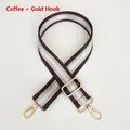 Detail of adjustable 3.8cm striped nylon strap with gold hardware hooks for bags - Coffee + Gold Hook