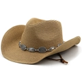Chapeau de cowboy en paille de style western avec chaîne en métal et mentonnière réglable - M(56-58cm) / Kaki
