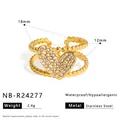 Gouden roestvrijstalen ring met zirkoon hart en kralenband, hypoallergeen en waterdicht - Micro-pave Hart Dubbele Kralenband (NB-R24277)