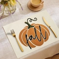 Linen placemat with pumpkin print and 'fall' text for Thanksgiving dining decor - Orange Single Pumpkin Fall
