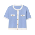Short sleeve knit cardigan in light blue with cream trim and gold metal buttons - Blue
