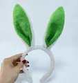 Cute white plush rabbit ears headband with bright green sequin center for party costume - White and Green Plush Rabbit