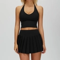 Damen-Yoga-Set in Schwarz mit Neckholder-Crop-Top und plissiertem Minirock - S / 4514 Weste + 4514 Rock – Elegantes Schwarz