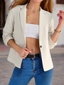 Elegante blazer crema entallado con mangas 3/4 fruncidas y vaqueros denim azul casual - S / Blanco Roto
