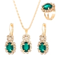 Gold jewelry set featuring green oval gemstone necklace earrings and adjustable ring - Oval KC Gold Dark Green Style (10264)