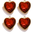 Set of four heart-shaped golden stainless steel pendants with faceted red crystals - Heart Shape / Red