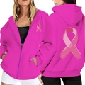 Hot pink breast cancer awareness zip up hoodie featuring a pink ribbon graphic - S / Rose Red