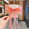 Barrette à cheveux noeud en organza rose avec longs rubans et fini iridescent - Orange