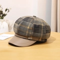 Plaid wool newsboy cap in dark grey and brown with a light brown leather brim - M (56.5-58.5cm) / Ochre (Letter Tag)