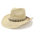 Ethno-Western Strohhut mit türkisfarbenem Perlenband und ausgehöhlter Krempe - M (56-58cm) / Beige