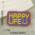 Purple rectangular Happy Life embroidery patch with yellow text and orange border - HAPPY LIFE Purple