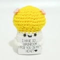 Handmade crochet white doll with yellow mushroom hat holding an English message card - Mushroom