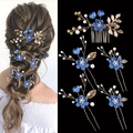 Set de 5 accessoires de mariage avec fleurs bleues, perles et feuilles dorées - Bleu Roi Ensemble de 5 Pièces