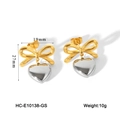 Vista detallada de pendientes bicolor de lazo y corazón, 19mm y 27mm - Estilo Bicolor Oro Plata(HC-E10138-GS)