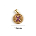 Golden 17mm stainless steel round pendant with purple enamel letter X and hammered finish - Letter X