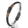 Men's minimalist braided leather bracelet in black and brown with matte metal rings - Black (KB162222-KLHQ) / 19cm