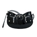 Glossy black patent leather underarm bag with silver rivets and buckle detail - Black