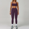 Deep purple backless yoga set featuring halter sports bra and high waisted leggings - L / Bra Style 1 + Leggings / Dark Purple